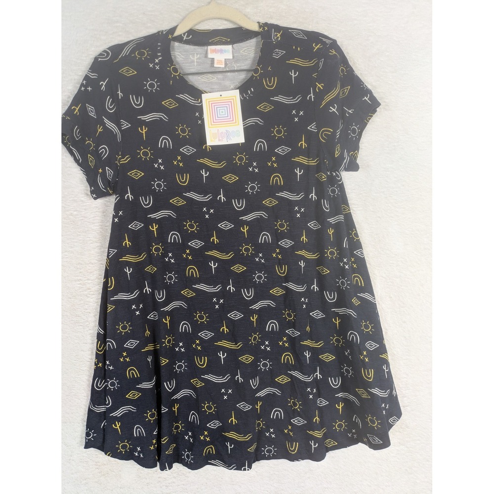 NEW LuLaRoe Carly Dress Women's XXS Black Cactus Sun Print Short Sleeve Swing